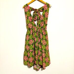 House of Harlow Pink and Green Patterned Halter Dress Size Medium Linen Fabric